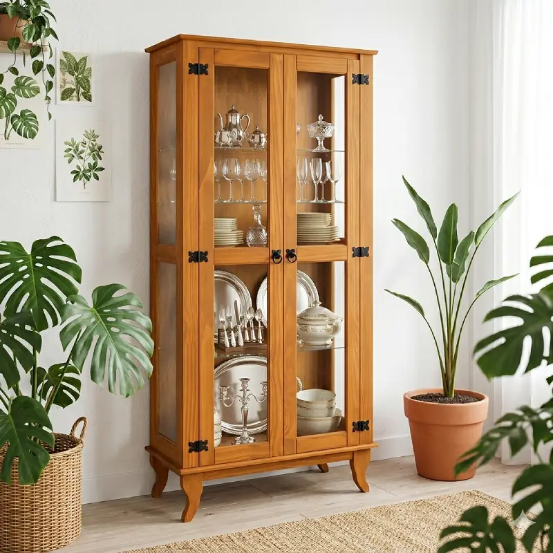 Uma bela cristaleira com prataria dentro, em uma sala estilo boho chic.