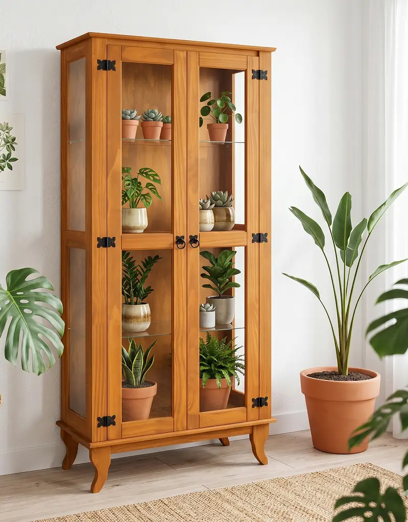 Cristaleira vitrine expondo plantas urban jungle em seu interior