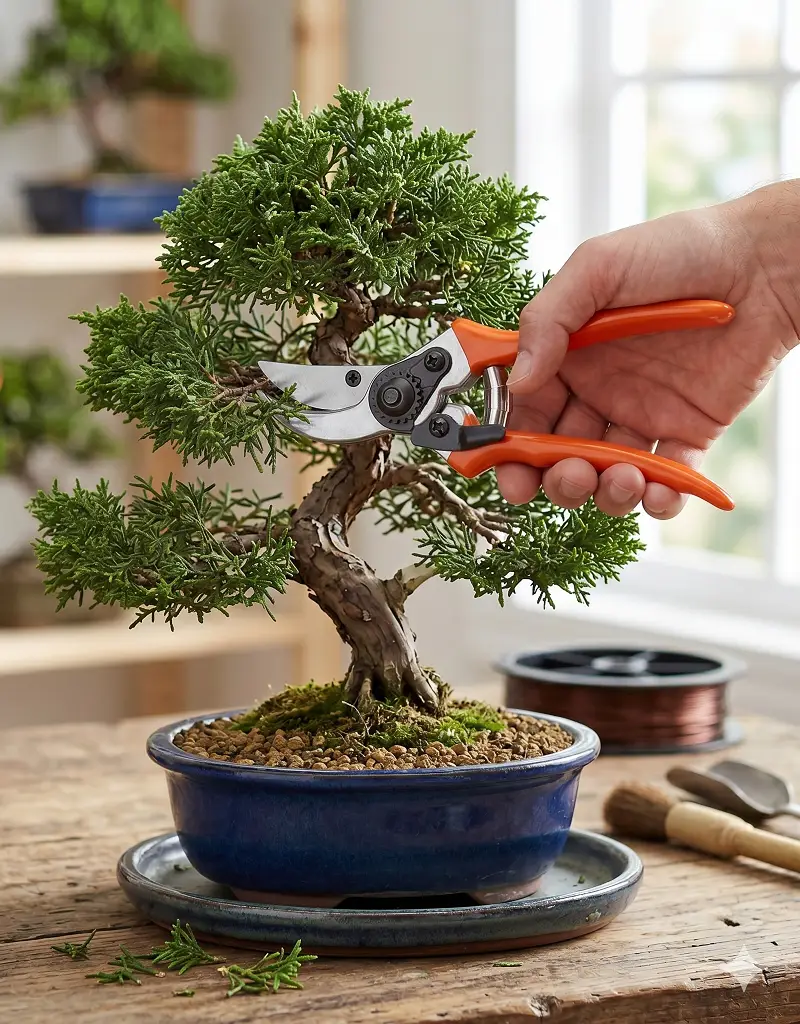 Bonsai de pinus sendo podado com tesoura de poda