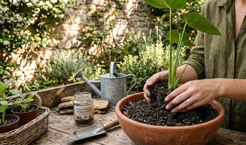 Substrato rico com húmus de minhoca e fertilizante orgânico para urban jungle