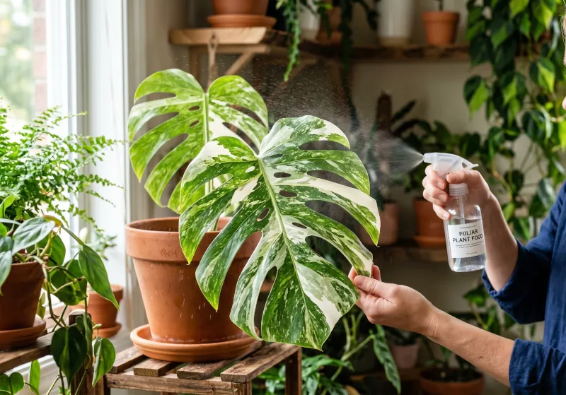 Pessoa borrifando fertilizante foliar em uma folha de Monstera Variegata