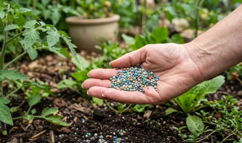 Mão segurando fertilizante mineral NPK granulado colorido para plantas