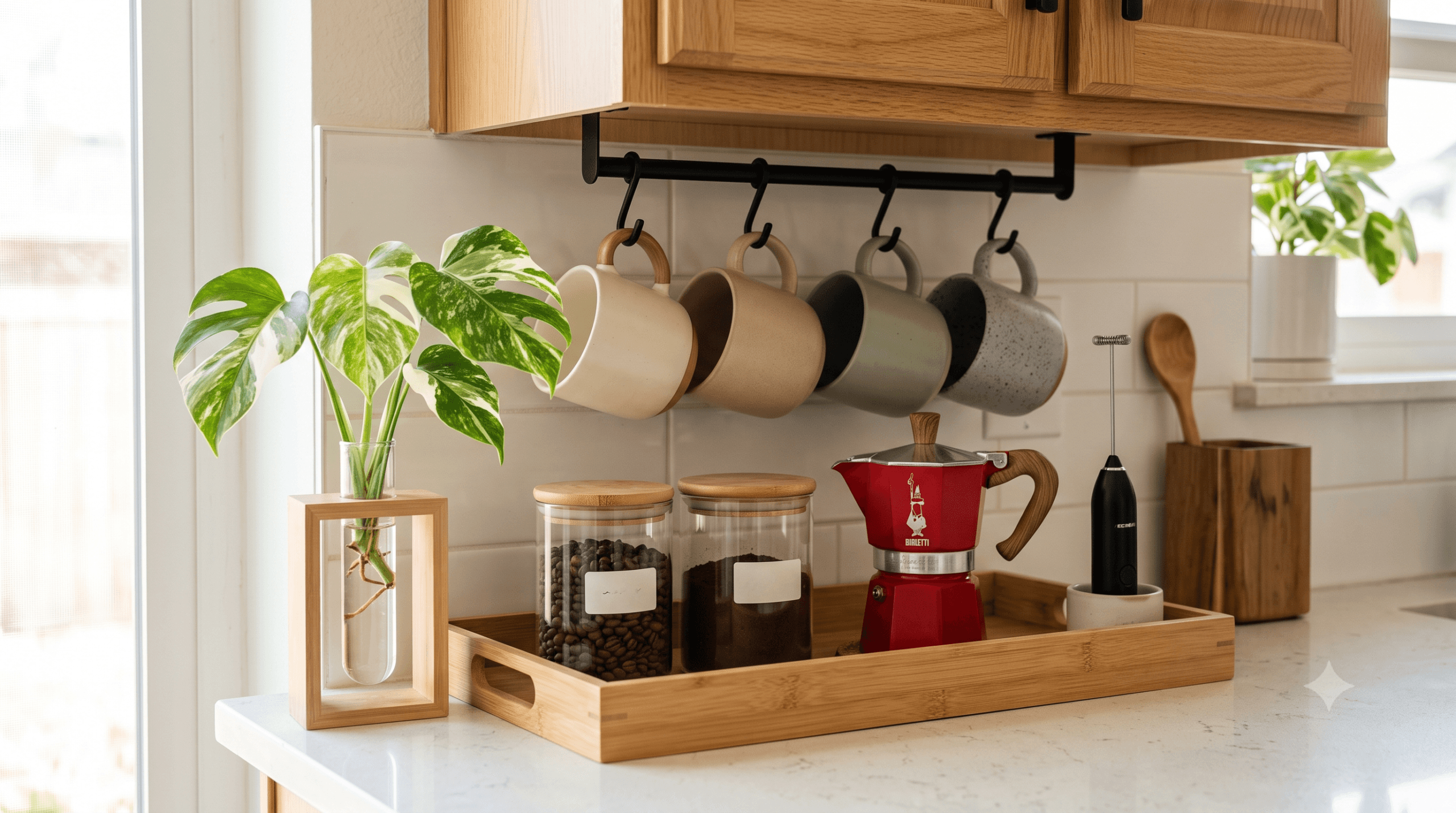 Cantinho do café pequeno e organizado sobre uma bancada clara. O espaço conta com uma bandeja de bambu, potes herméticos de vidro, cafeteira italiana, xícaras suspensas em ganchos e uma muda de planta Monstera em tubo de vidro.